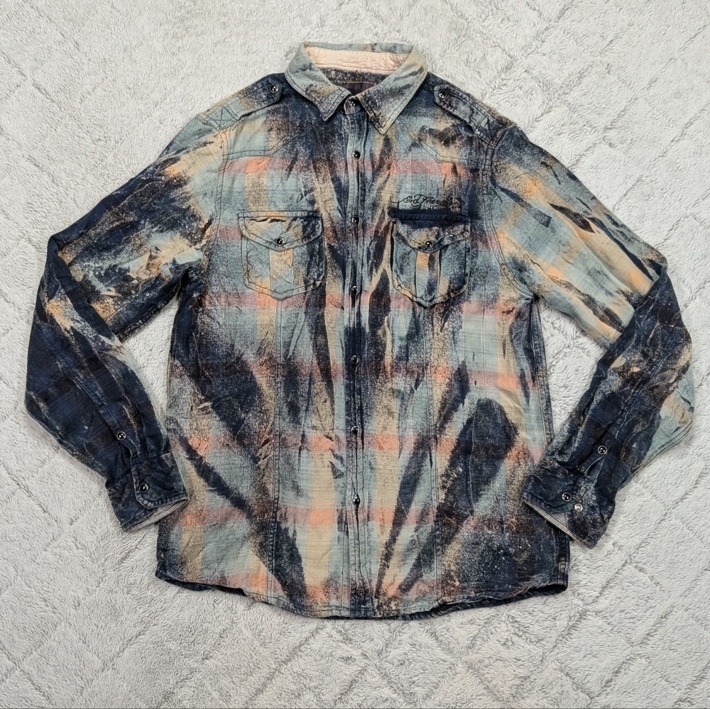 Ed Hardy Shirt Adult S Blue Tie Dye Plaid Pearl Snap Embroidered Streetwear Moto
